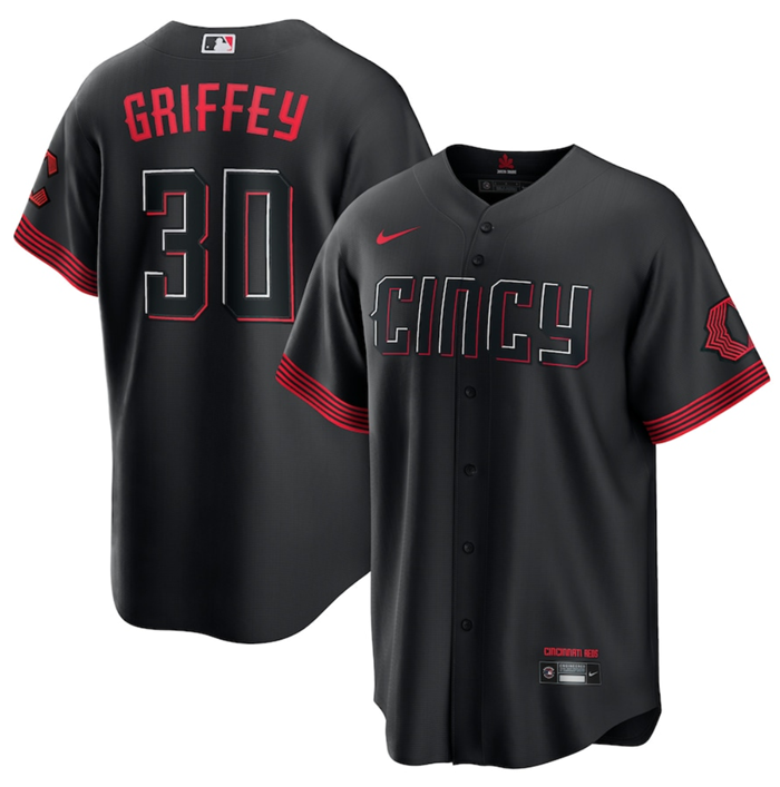 Men's Cincinnati Reds #30 Ken Griffey Jr. Black 2023 City Connect Stitched Jersey